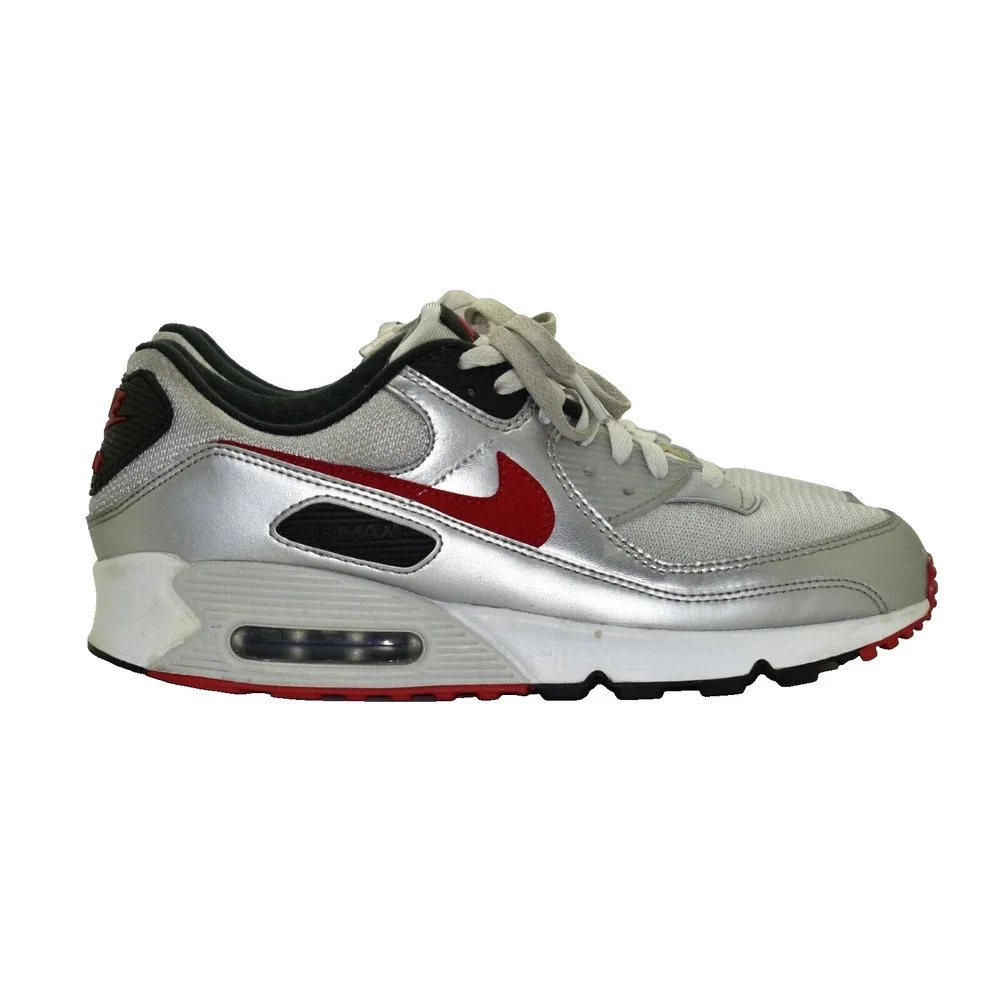 B2 Auth NIKE AIR MAX 90 Silver Bullet Red Running Shoes DX4233-001 Size 10.5
